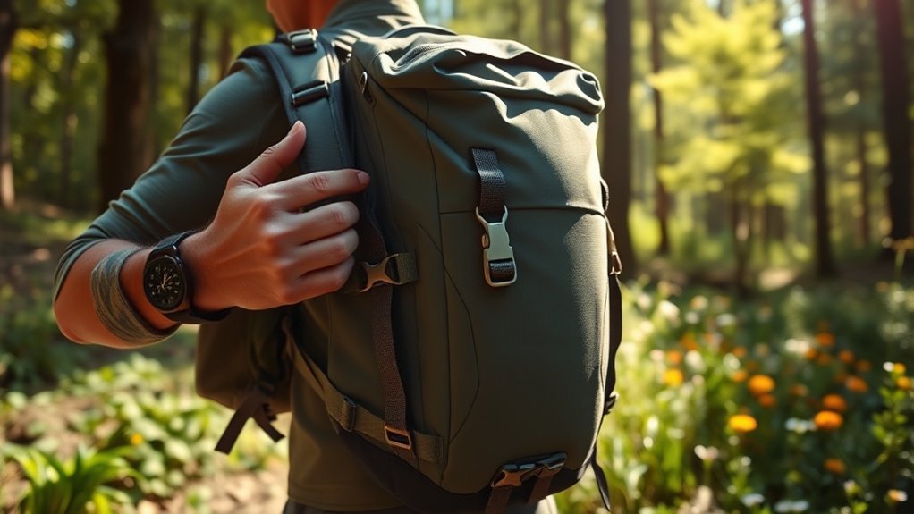 Hiker adjusting backpack side compression straps after packing