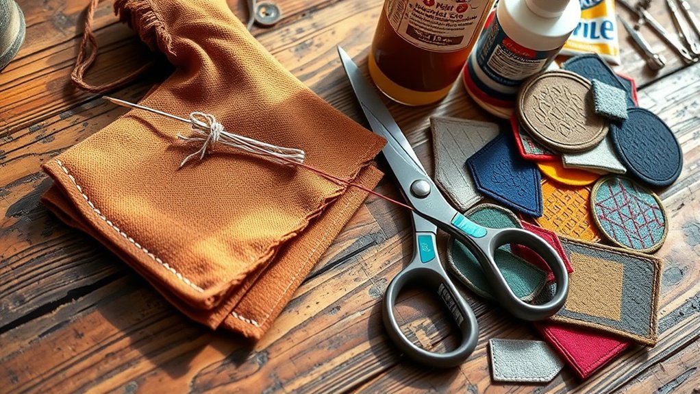 Backpack patching materials including repair fabric, adhesive, scissors, and clamps