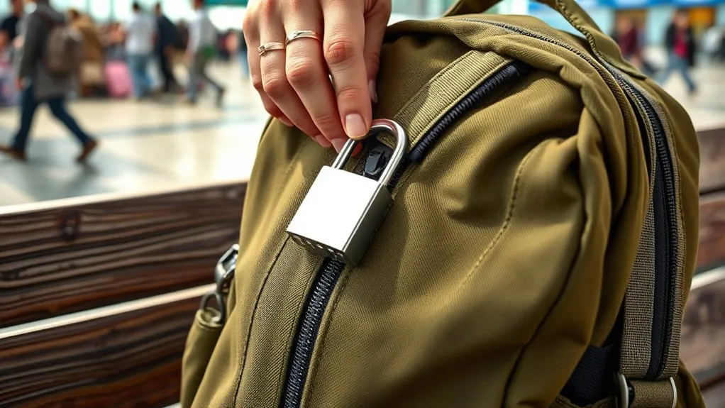 traveler keeping a backpack secure in a busy public area