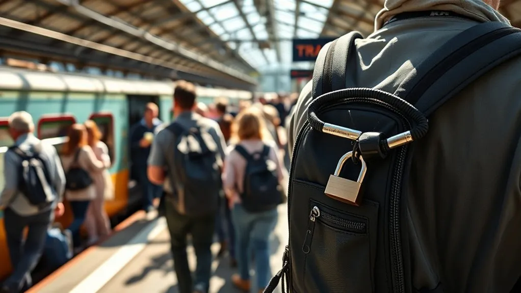 traveler watching a backpack closely on a busy train