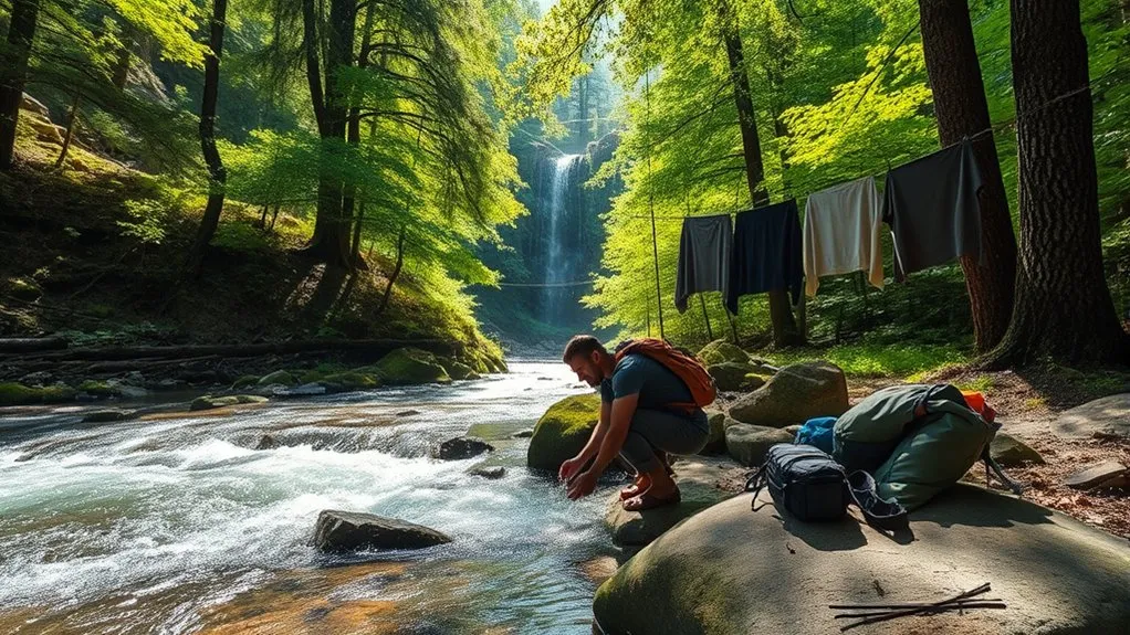 Backpacker washing quick-drying clothes in a portable wash bag away from water