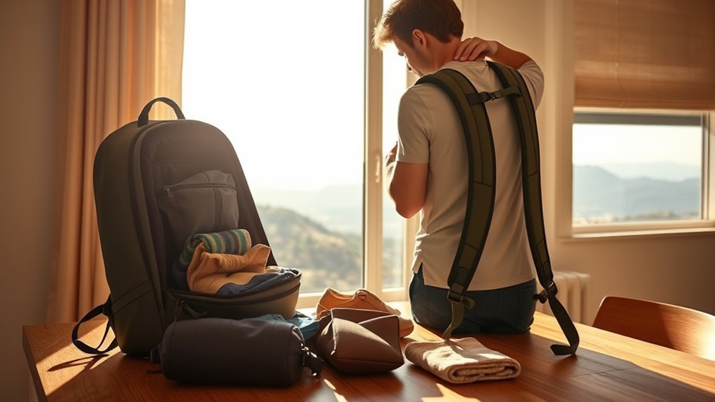 Heavy travel gear packed close to the back for balanced load