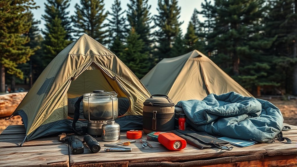 tent camping essentials including shelter, lighting, first aid, and safety gear