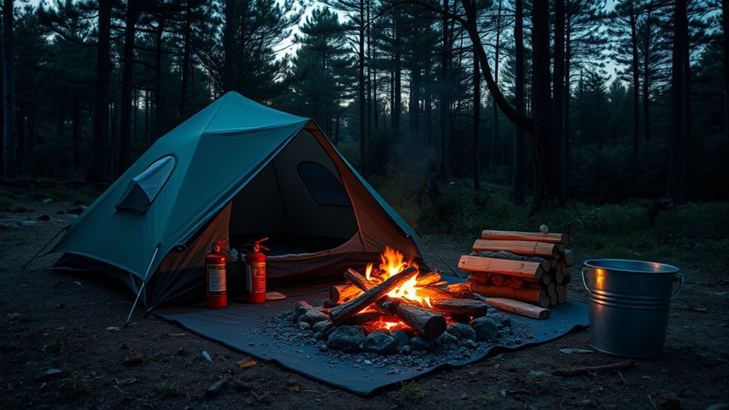 camping headlamp, lantern, fire-starting tools, and campfire safety equipment