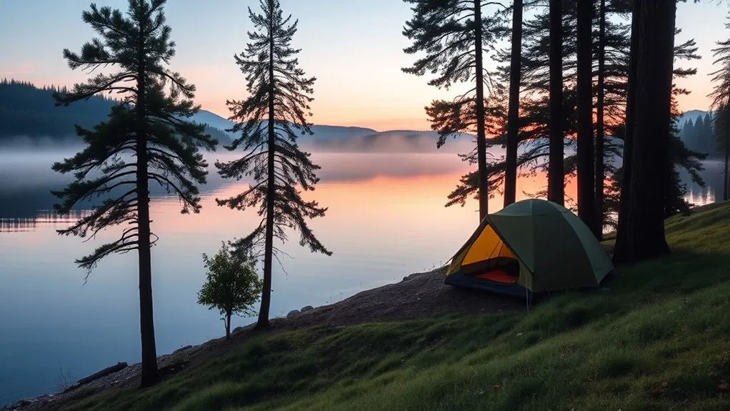 backcountry campsite positioned away from a river and shoreline vegetation