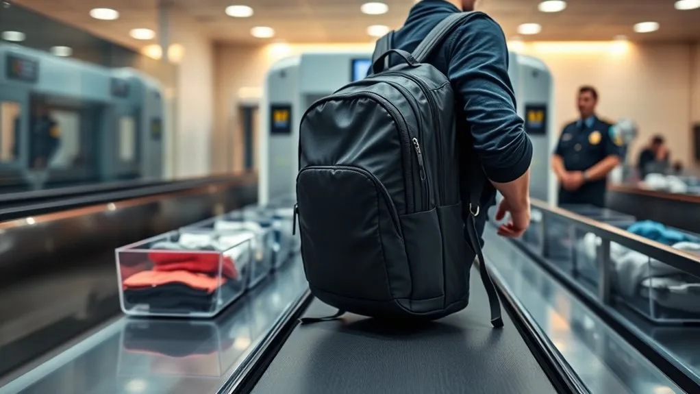 Carry-on backpack being measured inside an airline luggage sizer bin at an airport gate