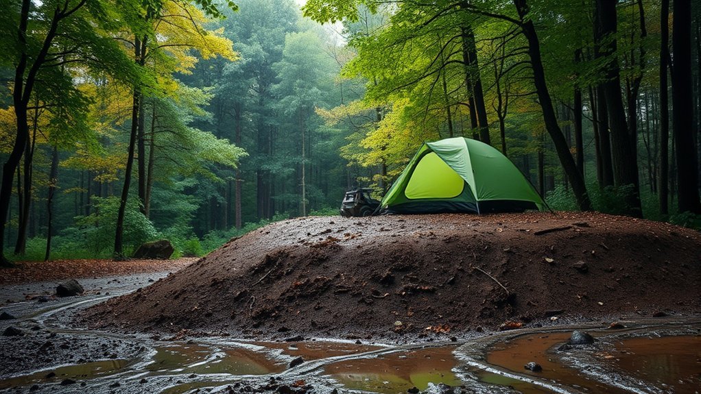 Elevated tent site positioned away from a low flood-prone area