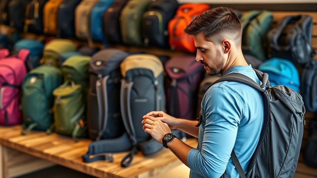 Traveler adjusting a backpack to fit torso length and hips
