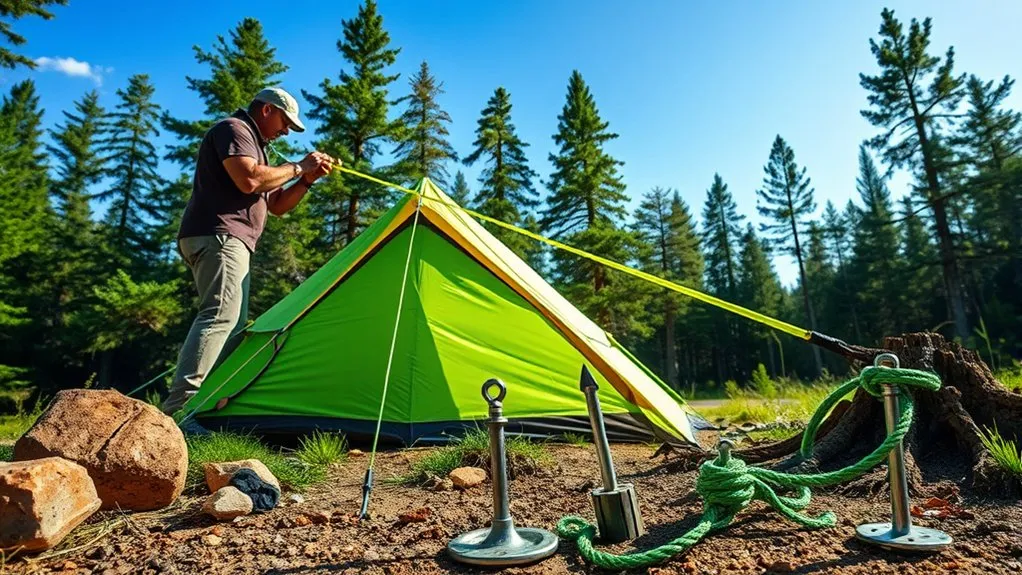Tent guyline anchor options for soil, sand, snow, and rocky ground
