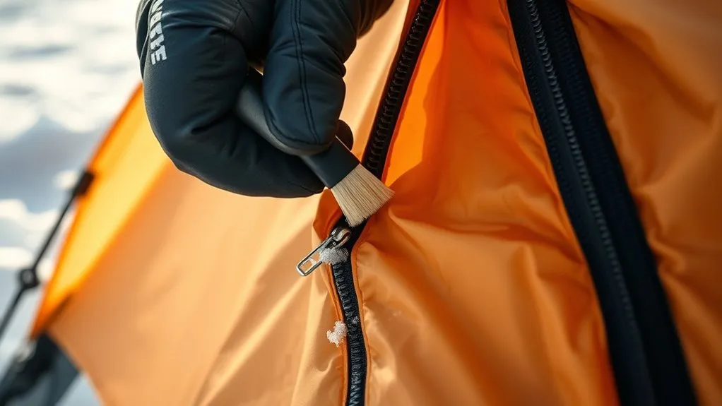 soft brush removing dirt and grit from a tent zipper