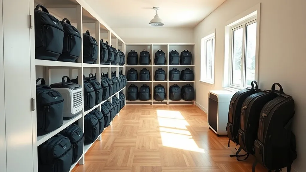 Backpack stored in a dry ventilated indoor closet