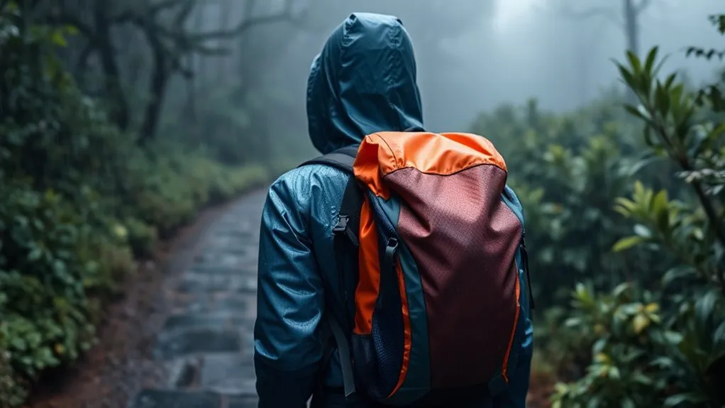 Fitted rain cover stretched over a hiking backpack on the trail