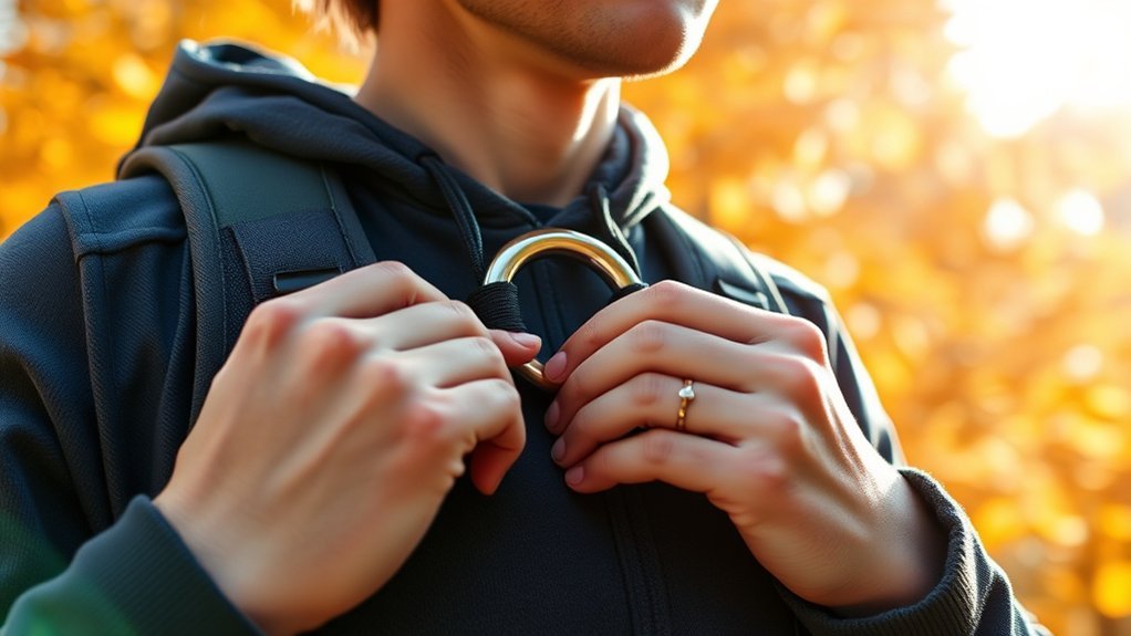 Backpack strap hardware showing the difference between a D-ring and an adjustment buckle