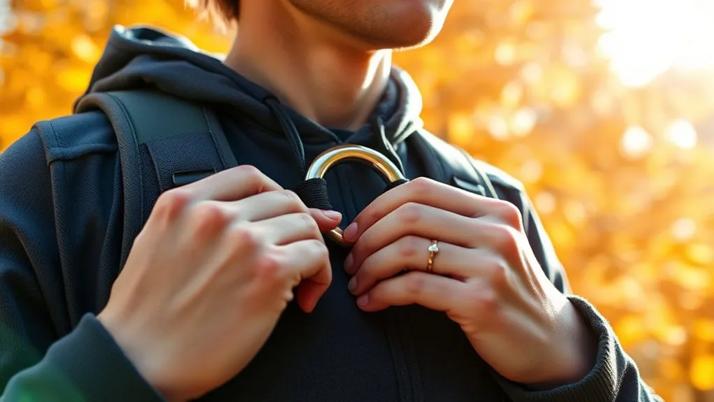 Backpack strap hardware showing the difference between a D-ring and an adjustment buckle