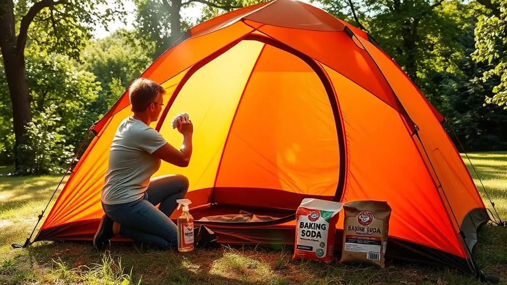 hand washing and deodorizing a tent in a large container