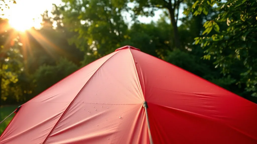 Polyester tent pitched in wet camping conditions