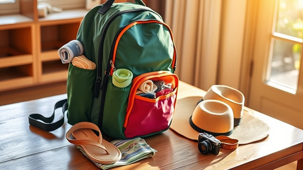 Packing cubes organizing clothes inside a travel backpack