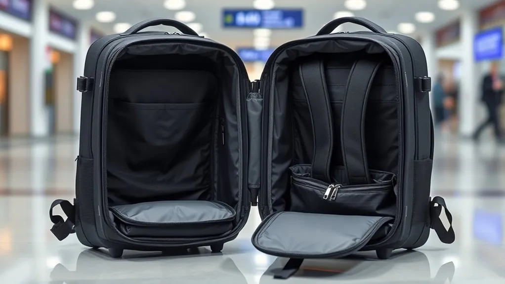 Organized compartments inside an open clamshell backpack