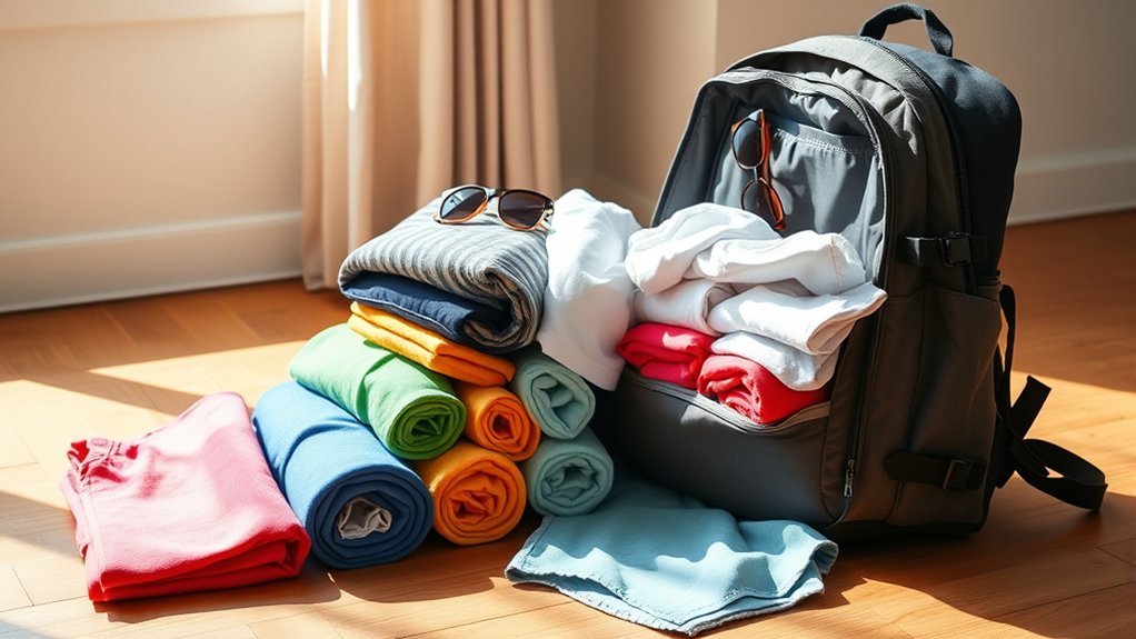 Rolling summer clothes to pack a backpack efficiently