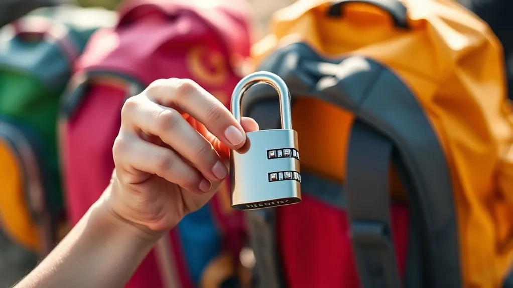 Traveler aligning combination-lock dials to open a backpack zipper