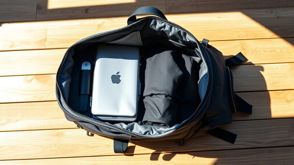 Clamshell backpack opened flat to show the full main compartment