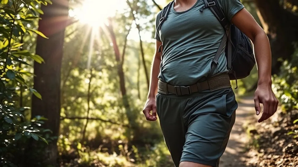 Padded backpack hip belt supporting a hiking load