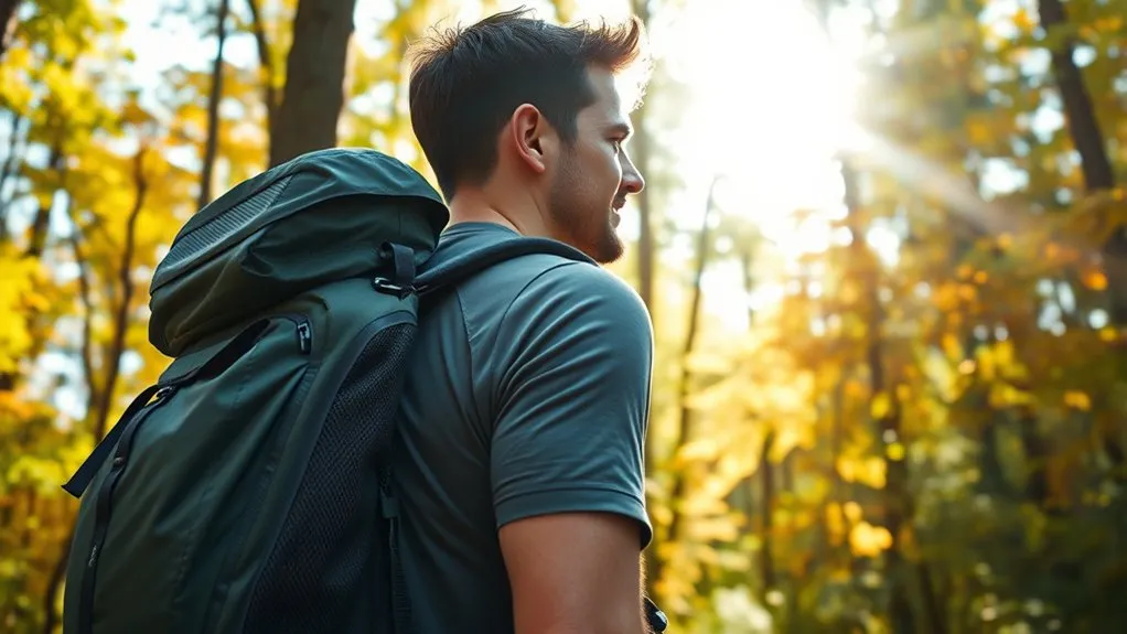 Hiker wearing a ventilated backpack on a warm sunny trail