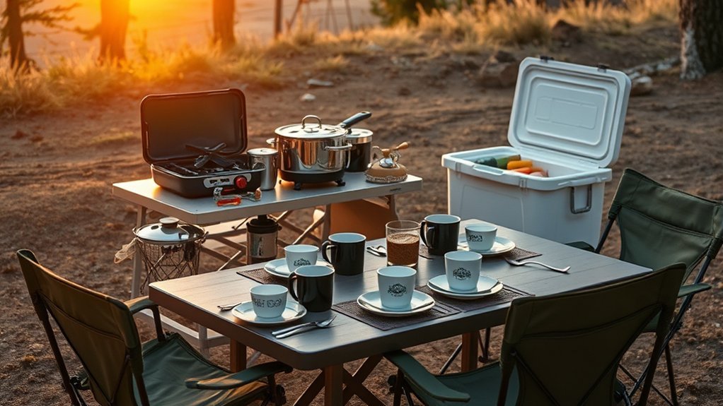 camp stove, cookware, cooler, reusable dishes, and essential camping kitchen gear