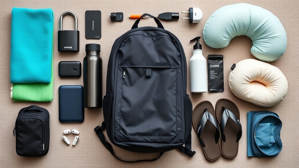 What to Pack for Hostel Living: Quick Guide & Helpful Tips Hostel packing essentials including a towel, padlock, toiletries, and daypack