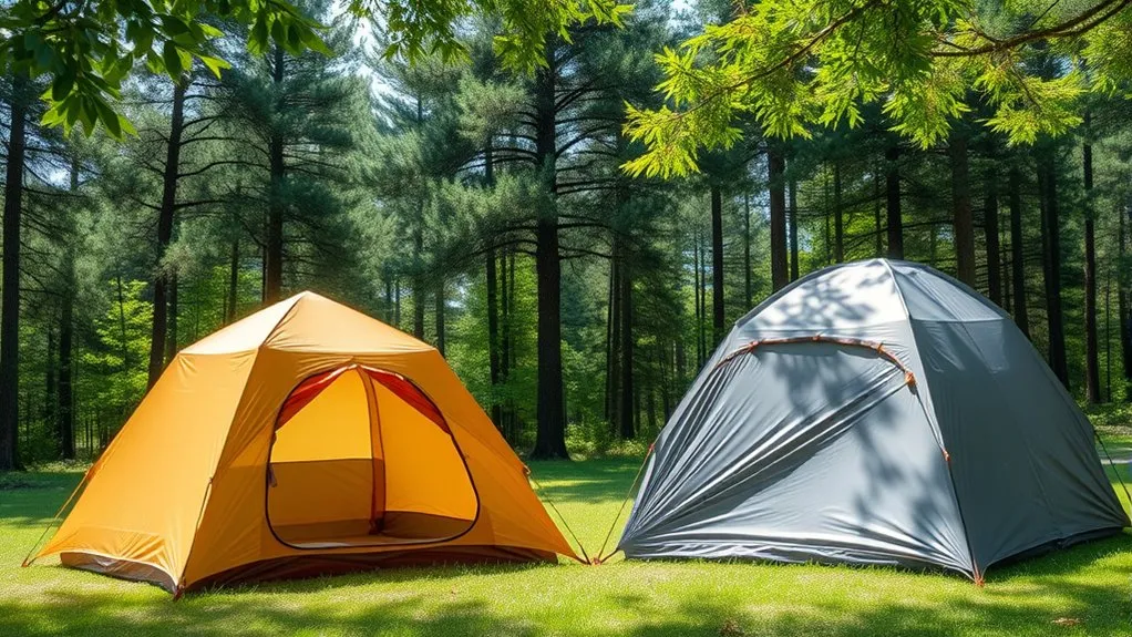 Camper comparing nylon and polyester tent options outdoors