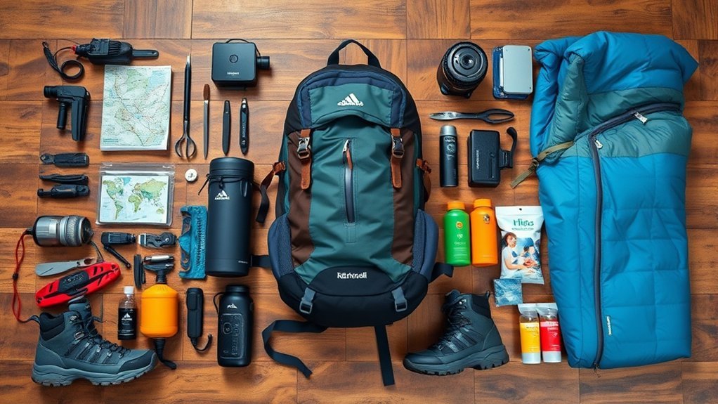 Lightweight backpacking gear organized for an overnight wilderness trip