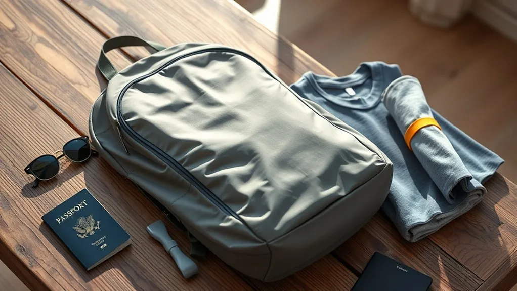 lightweight packable travel backpack folded flat beside travel gear