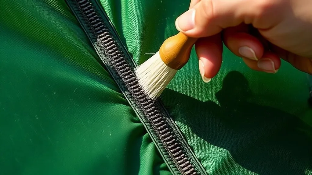 Cleaning a tent zipper track with a soft brush