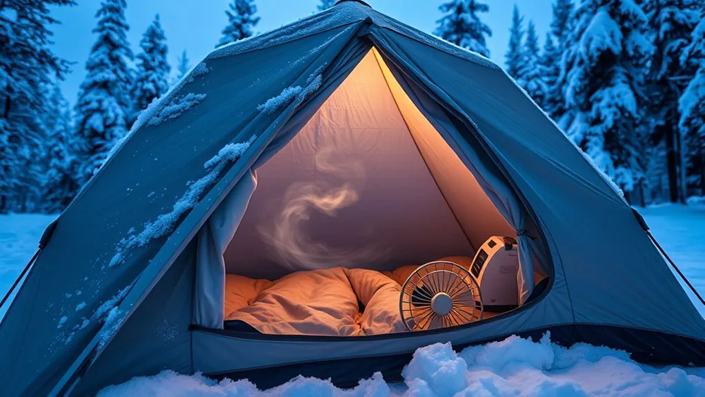 Winter Tent Condensation Tips: Stay Warm Without Getting Wet Camper storing wet gear away from the winter tent sleeping area