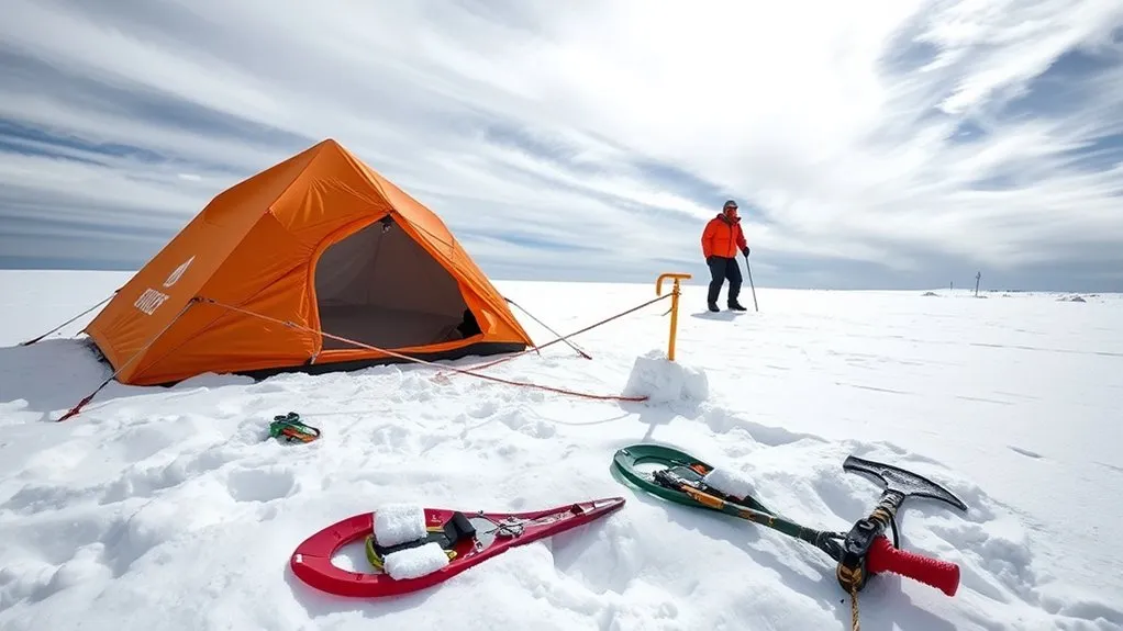 Tent guyed out with snow anchors for strong winter winds