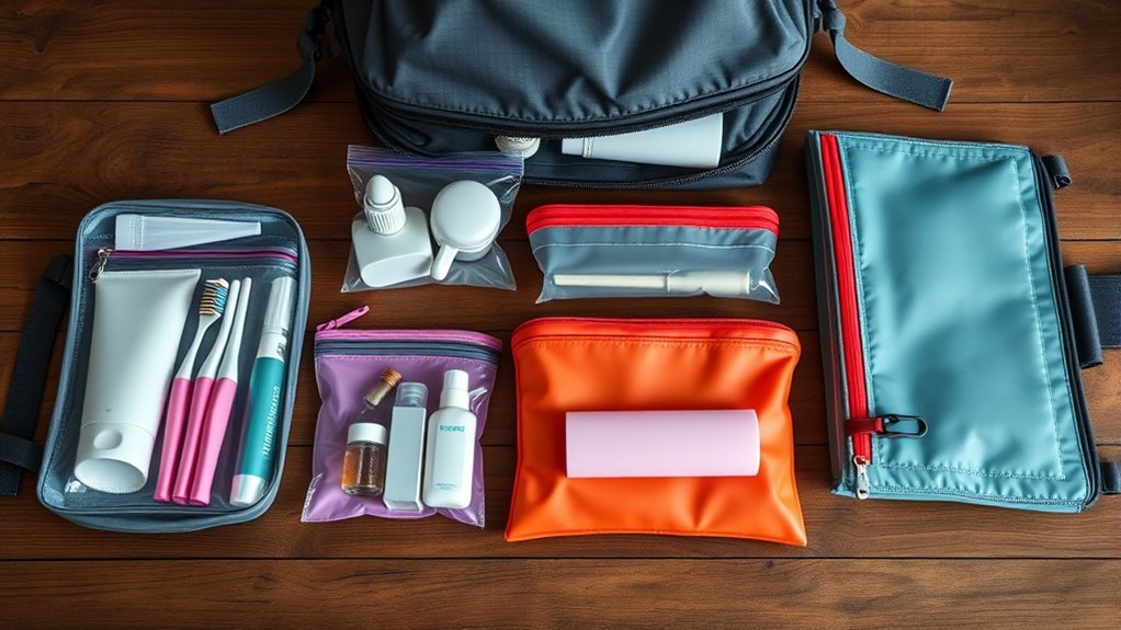 Clear liquids bag and separate dry toiletry pouch for backpack travel