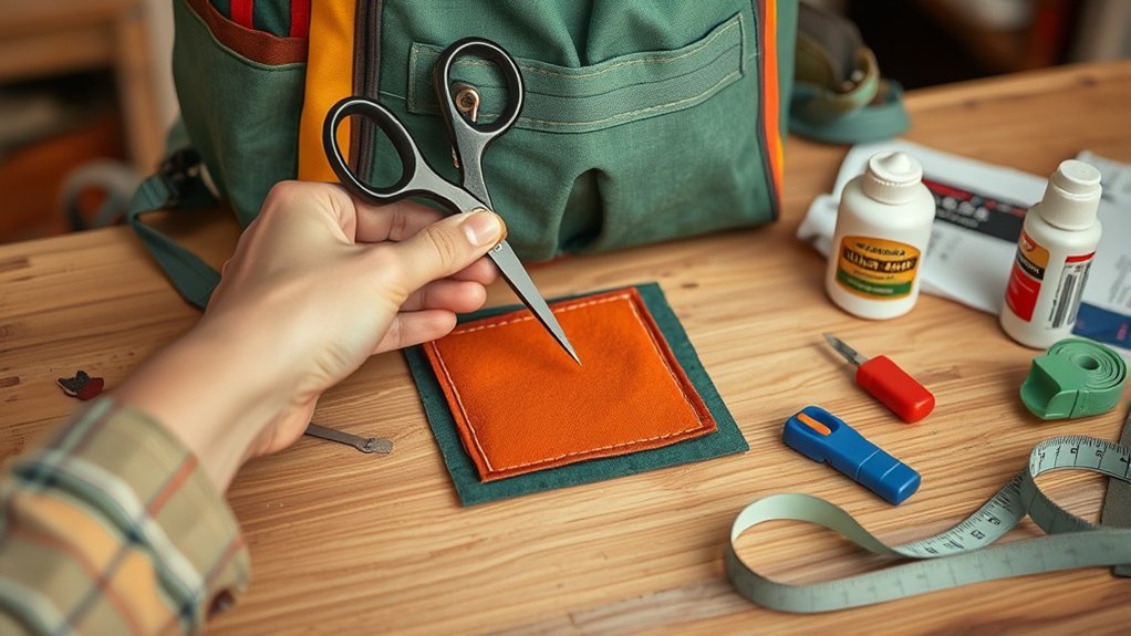 Cutting and preparing rounded fabric patches for a backpack repair