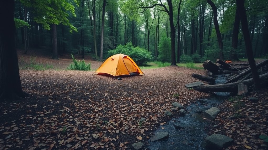 Camper inspecting elevated ground for safe campsite drainage