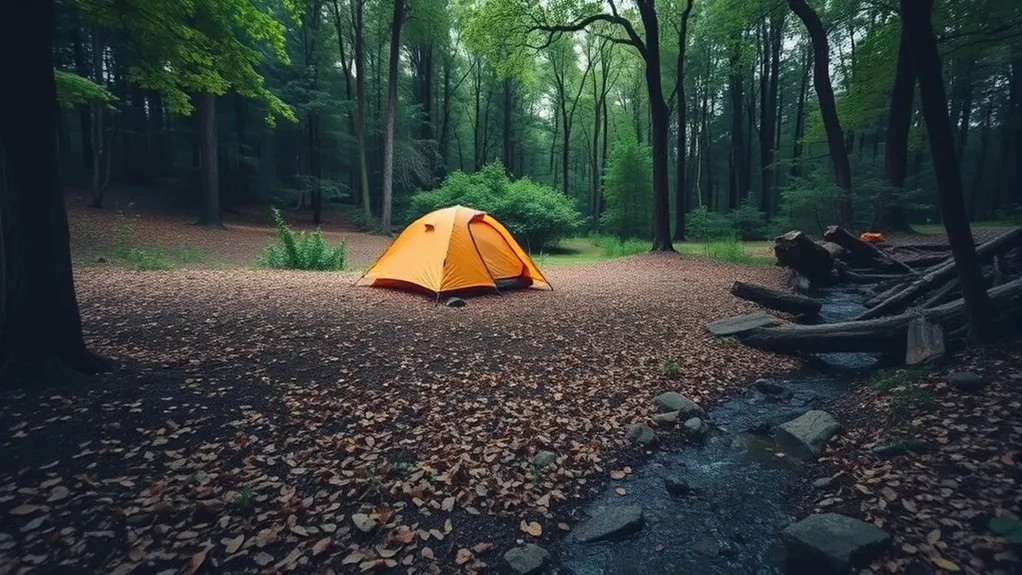 Campsite Selection for Rain: Drainage Tips to Stay Dry Camper inspecting elevated ground for safe campsite drainage