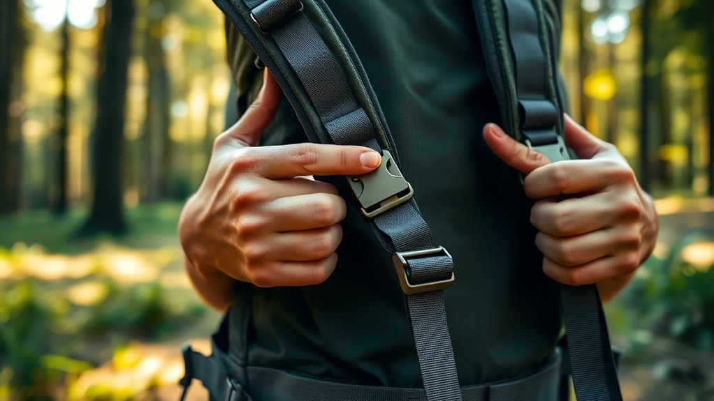 Adjusting a loaded backpack with even shoulder straps and a secured hipbelt