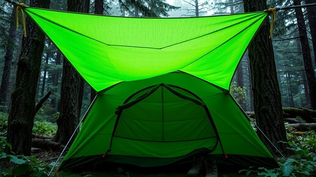 How to Create a Dry Entry for Your Tent in Rain Sloped camping tarp pitched above a tent entrance for rain protection
