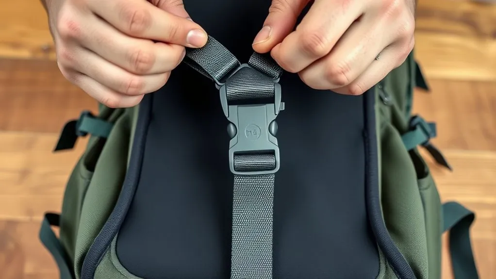 Reattaching a backpack sternum strap by inserting it into the designated slot on the shoulder strap
