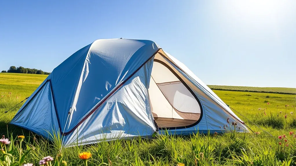 Reflective shade tarp suspended above a camping tent