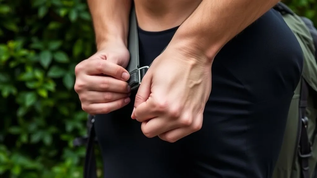 Hands removing a sternum strap from a backpack shoulder strap by pressing the notch release