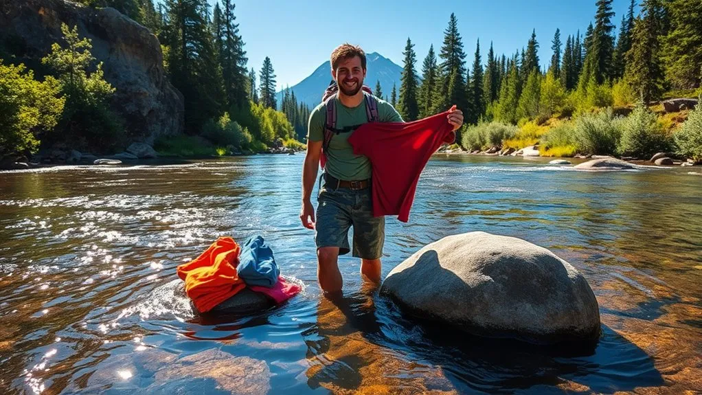 Backpacker carrying water away from a natural source before rinsing clothes