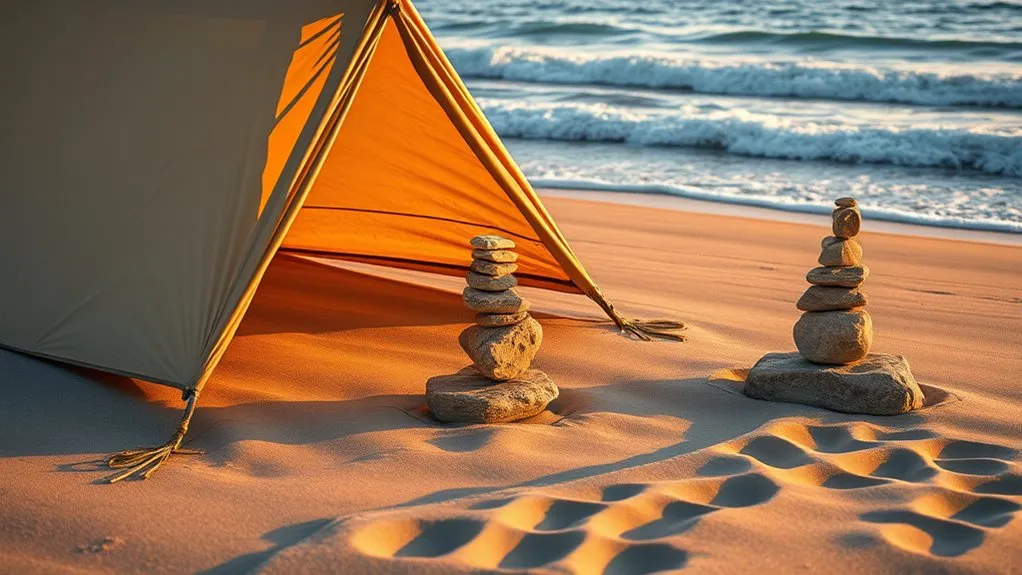 How to Pitch a Tent on Sand 2026: Smart Wind Tips Rock stacking tent anchoring technique on beach sand using flat foundation rocks