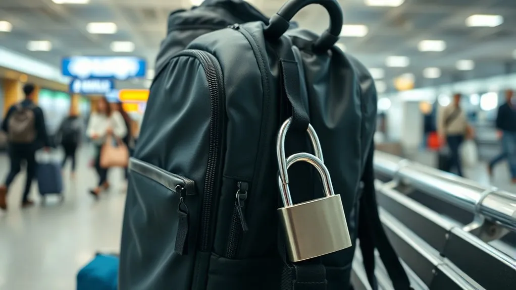 backpack secured to a sturdy fixed object with a locking cable
