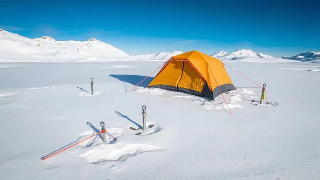 Four-season tent secured with guylines and snow anchors in winter