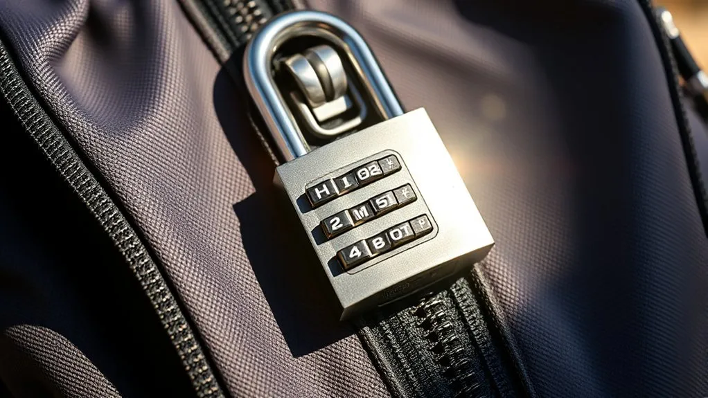 Small luggage lock securing two backpack zipper pulls