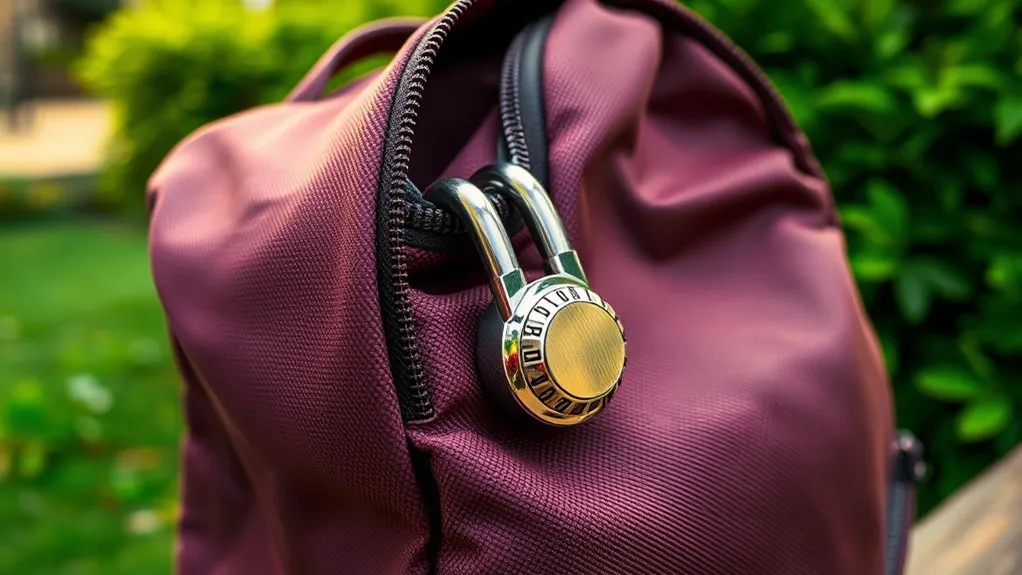 Backpack zipper pulls aligned and secured with a compact travel lock